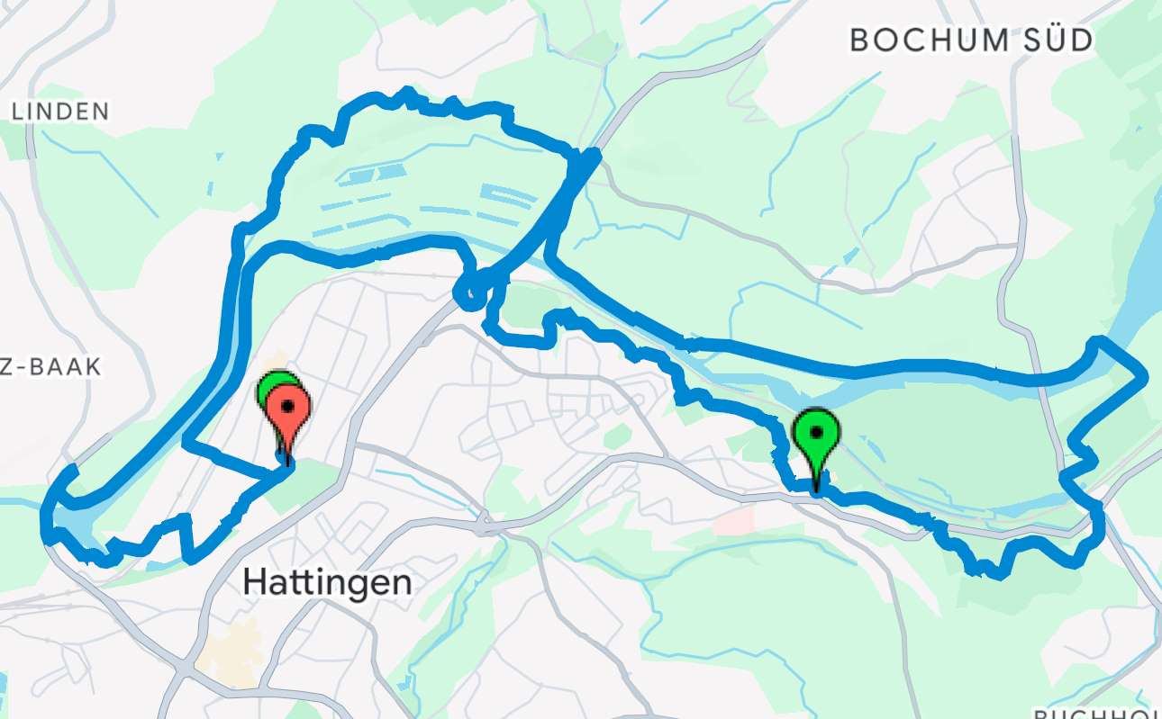 Beispiel-Screenshot aus Google Maps (Rechte bei Google Maps) mit der übertragenen Tour 4 (Ruhrperlen - Industriekultur in Hattingen) und Tour 9 (Ruhrgeschichten - Von Hattingen ins Ruhrtal)